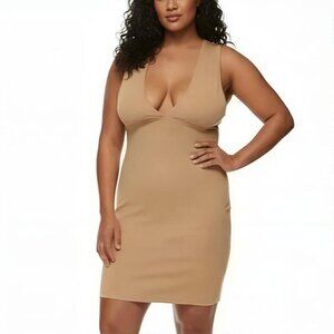 Babaton Sculpt Knit V Neck Mini Dress Ribbed XL Camel NWOT